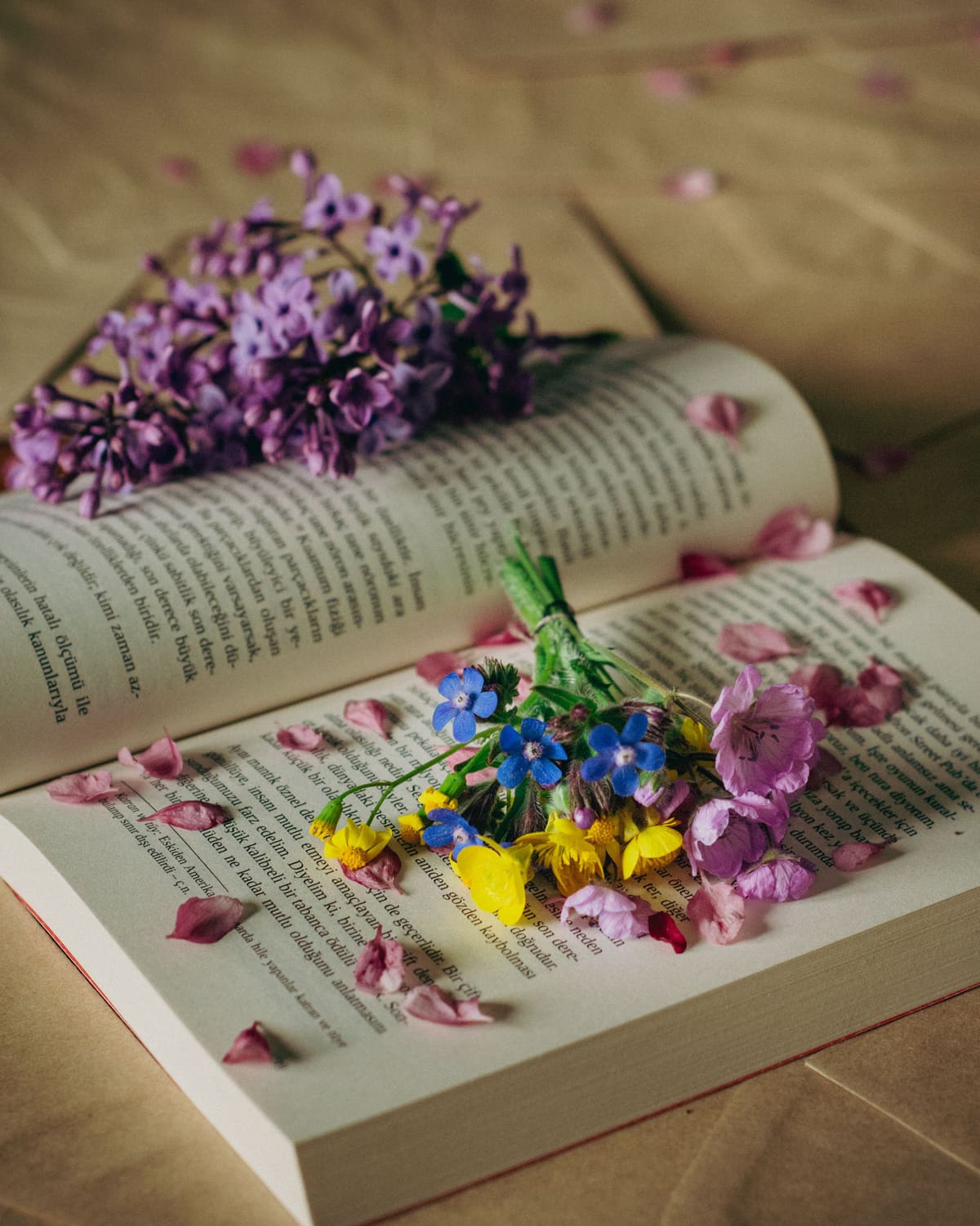 An open book scattered with wildflowers and petals